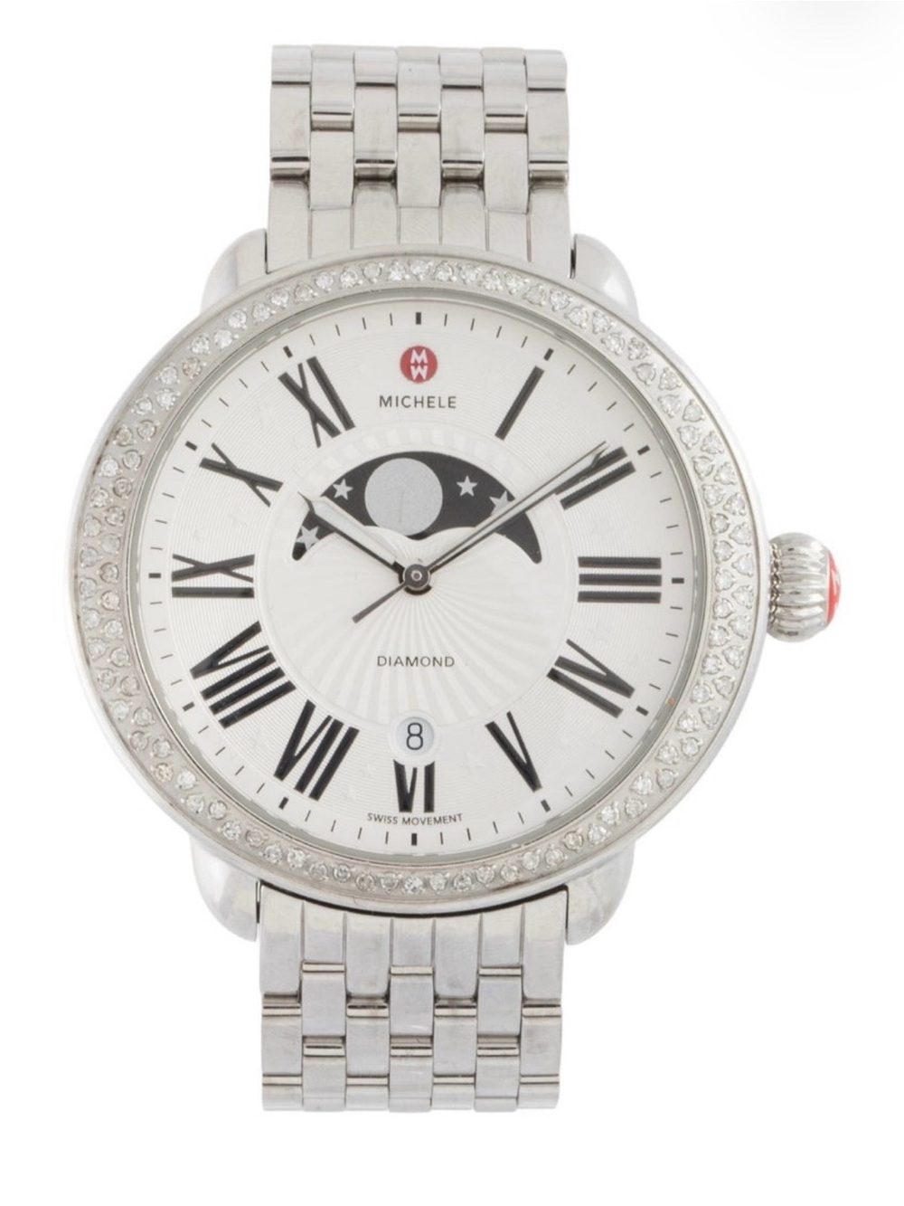 Michele Silver-Tone Diamond Moonphase Bracelet Watch with White Dial